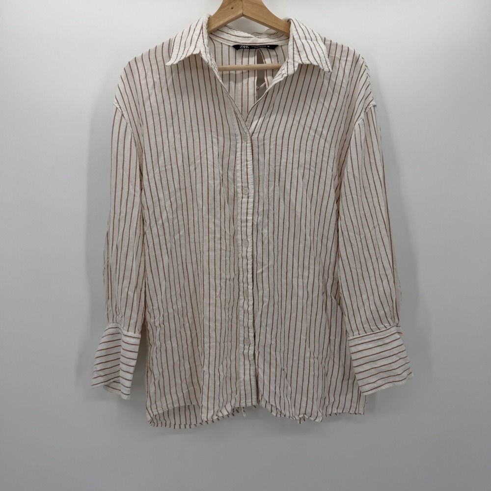 Zara Striped Linen Blend Open Back Tie Shirt Brown White Long Sleeve XL
